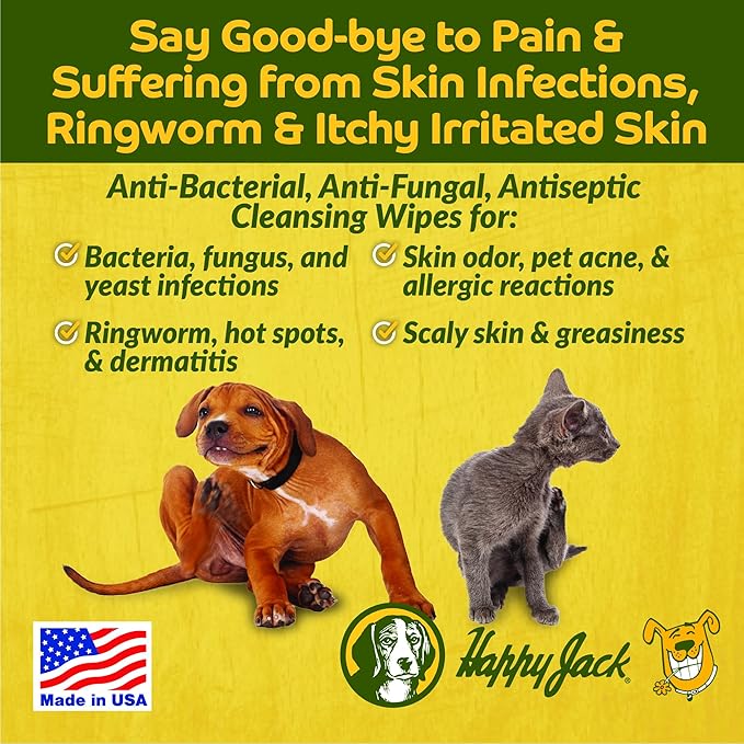 HAPPY JACK KetoHexidine Pet Wipes, Chlorhexidine Pads for Dogs & Cats with Ketoconazole, Cat Wipes for Acne, Wrinkles, Paws, Itchy Skin, 50 Ct
