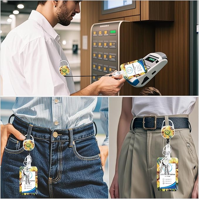 with ID Card Holder Caregiver Worker, Office School Lanyard Key Ring Yellow Sunflower Name Tag Retractable Heavy Duty Badge Reel Clip Vertical ID Card Protective Case