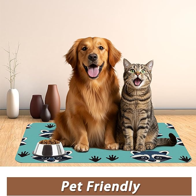 Cute Raccoon Dog Food Mat for Floors,Absorbent Pet Food and Water Bowl Mats,Non-Slip Pet Feeding Mat,Pet Supplies 12" x 20"