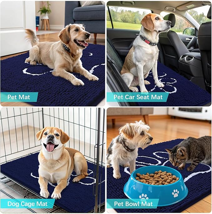 OLANLY Dog Door Mat for Muddy Paws 59x24, Paw Print Design, Absorbs Moisture and Dirt, Absorbent Non-Slip Washable Doormat, Quick Dry Chenille Mud Mat for Dogs, Entry Indoor Entryway Carpet, Navy Blue