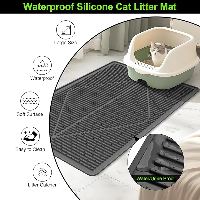 Mofason Cat Litter Mat XXL - Waterproof Kitty Litter Box mat for Floor - Extra Large Pet Trapping Litter Rug Pad - Silicone Cat Supplies & Accessories for Indoor Cats (38" x 25") -Black