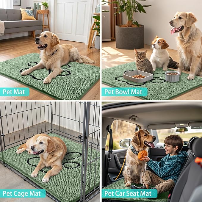 Smiry Dog Door Mat for Muddy Paws, Absorbent Dirt Trapper Non Slip Quick Dry Washable Chenille Mat for Mud Dogs, Entry Rug for Indoor and Outdoor (36x24 Inches, Olive Green and Black)