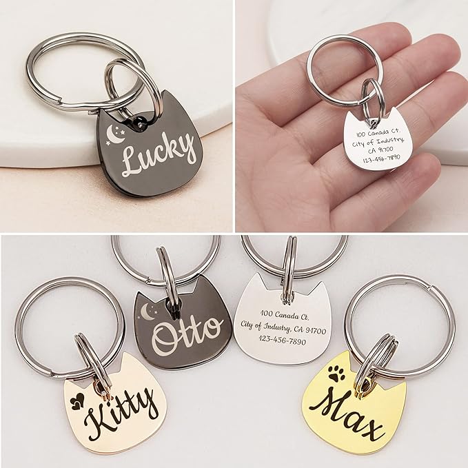 Anavia Small Size Dog Cat ID Tags, Small/XS Personalized Color Plated Stainless Steel Puppy Kitten Name Tags, Customized Engraved Nameplate Pet Collar Tag (Silver, Cat Head)