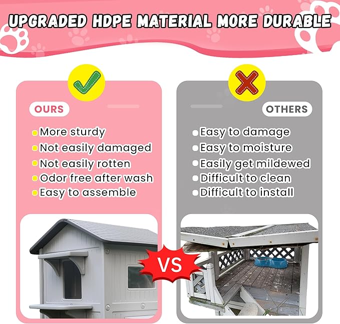 Plastic 2 Story Outdoor Cat House with Soft Mat,Cat House for Outdoor Cats with Escape Door, Waterproof Outside Cat Shelter, Clean and Assemble Easily