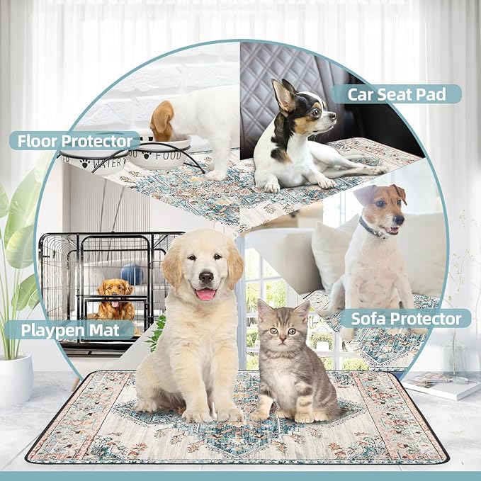 Washable Pee Pads for Dogs 2 Pack, 36" x 24" Reusable Puppy Pads Waterproof, Super Absorbent Dog Rugs, Leakproof, Dog Crate Pad, Playpen Mat, Whelping Pads, Blue Medallion