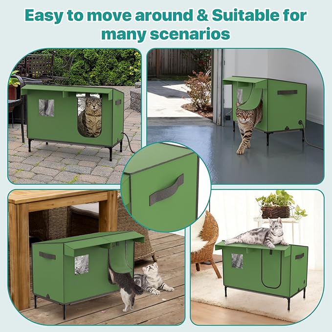 Large Heated Outdoor Cat House for Winter – Waterproof & Insulated Shelter with Soft Heated Pad, Elevated Base & Clear Window – Large Winter Cat House for Stray, Feral, and Barn Cats