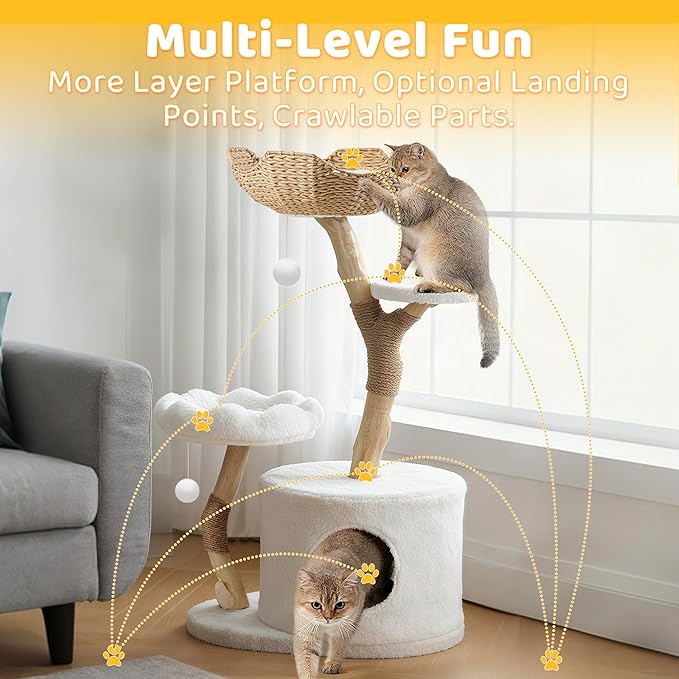 COSIEST 42.5" Tall Modern Cat Tree Tower for Indoor Cats, Cat Scratching Posts with Hand Woven Baskets, Balls & MGO Trunks, Rattan Cat Tree with Condo, Cat Furniture for Multi-Cat Households, White