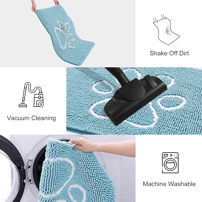 Smiry Dog Door Mat for Muddy Paws, Absorbent Dirt Trapper Non Slip Quick Dry Washable Chenille Mat for Mud Dogs, Entry Rug for Indoor and Outdoor (30x20 Inches, Sky Blue and White)