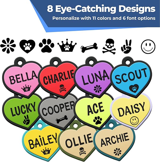 GoTags Silicone Dog Tags, Soundless Pet Tag, Personalized Silent Tag Engraved for Pets with Cute Custom Designs, for Dogs and Cats, (Heart, Pink)