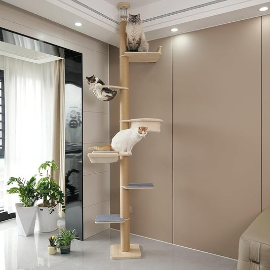 Floor-to-Ceiling Cat Tree Adjustable Height 50-122 Inches 9-Pillar 6-Tier Activity Center with Hammock SisalScratching Posts Plush Perches Multi-Level Climbing & Scratching Cat Furniture