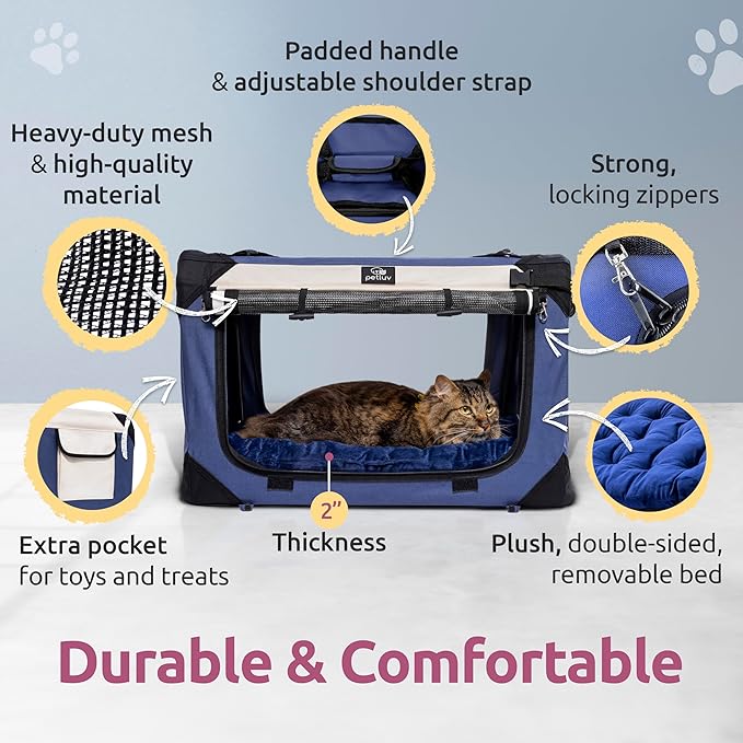 Cat & Dog Pet Carrier, Soft-Sided, Large 24"x16"x16", Fits Large Cat, 2 Cats, or Medium Dog Comfortably, Great for Travel & Vet Visits, Privacy Windows, Removable Bed, Locking Zippers, Foldable