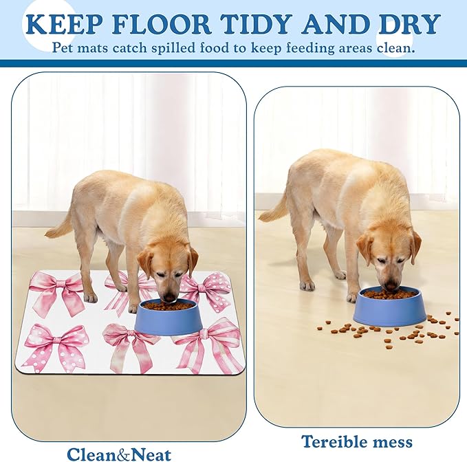 Pink Bows Dog Cat Food Mat–Christmas Stocking Absorbent Waterproof Placemat for Food and Water Bowls, Non Slip Rubber Backing, Feeding Mat for Clean Floors 12"x20"