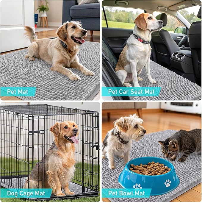 OLANLY Dog Door Mat for Muddy Paws 44x32, Absorbs Moisture and Dirt, Absorbent Non-Slip Washable Doormat, Quick Dry Chenille Mud Mat for Dogs, Entry Indoor Entryway Carpet for Inside Floor, Light Grey