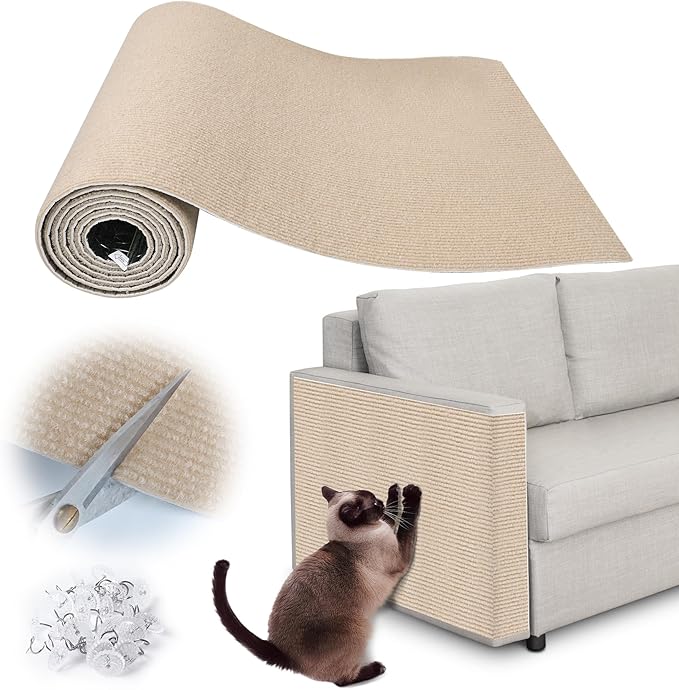 Cat Scratch Furniture Protector - 158" x 13.8" Trimmable Self-Adhesive Cats Claws Scratch Pads, DIY Cat Climbing Couch Protector for Scratch Post Cat Tree Replacement Indoor (Khaki)