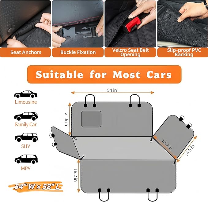 Dog Car Seat Cover for Back Seat,Heavy Duty Dog Hammock for Car with Side Flap,100% Waterproof Pet Backseat Cover, Anti-Scratch Nonslip Pet Seat Protector for Cars Trucks and SUV (Black with Orange)