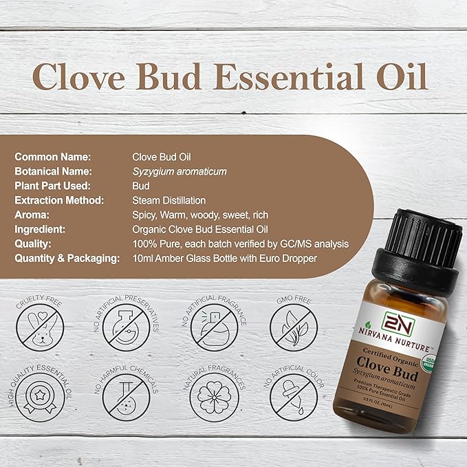 Nirvana Nurture Clove Bud Essential Oil USDA Certified Organic, 100% Pure Natural Premium Grade, Undiluted