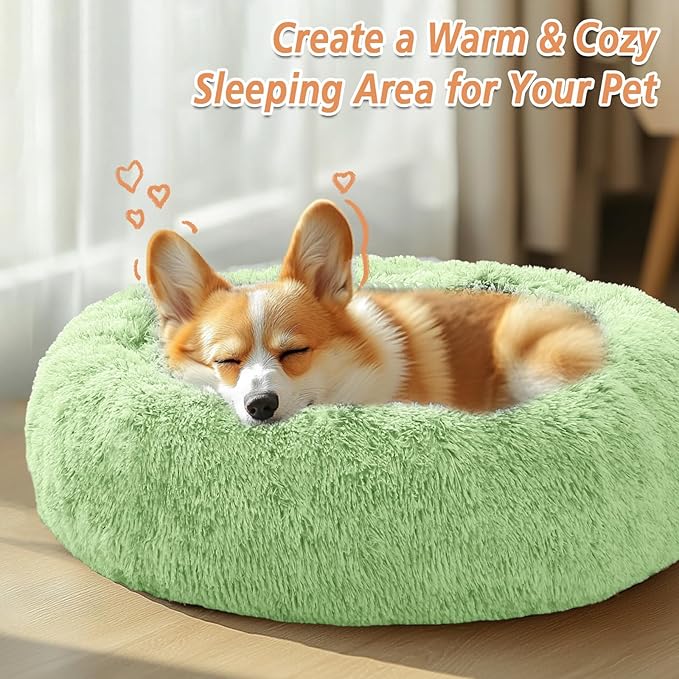 JOLLYVOGUE Calming Small Dog & Cat Bed for Indoor Cats - 20 inches Washable Donut Bed for Kittens & Puppies, Anti-Anxiety Round Fluffy Plush Pet Beds (Fits up to 15 lbs, Light Green)