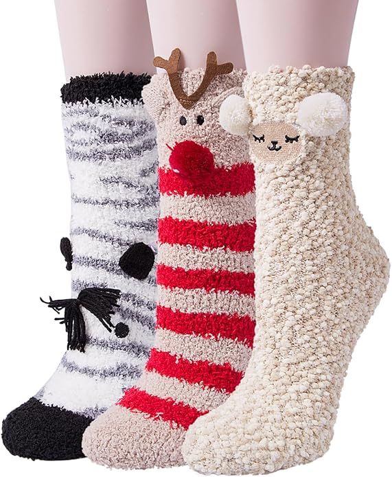 Loritta 3 Pairs Womens Fuzzy Socks Winter Warm Fluffy Soft Slipper Home Sleeping Cute Animal Socks