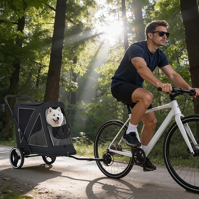 Beberoad Dog Stroller for Large Dogs, 2-in-1 Pet Stroller Dog Bicycle Trailer, R7 All-Terrain ER Tires with Shock Absorption, One-Second Fold, Mesh Windows, Detachable & Washable Waterproof Fiber