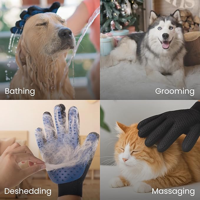 Pet Grooming Glove & Hair Remover Mitt [2 Piece Combo Set] -Deshedding Brush & Fabric Lint Remover for Cats & Dogs – Gentle Massage, Easy Hair Removal from Furniture & Clothes