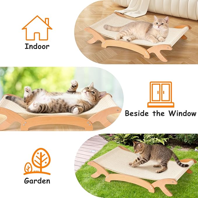 Sisal Cat Scratcher Bed for Indoor Cats Hammock with Solid Beech Wood Frame with Clear Finish, Large Stable Scratch Pad Lounge for Napping and Scratching, 26.3 x 16.1 inches