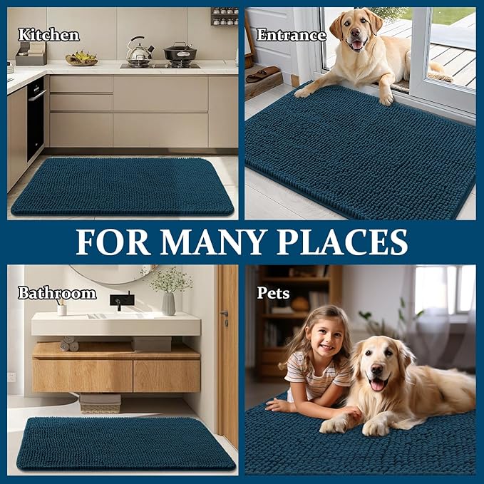 OLANLY Dog Door Mat for Muddy Paws 70x35, Absorbs Moisture and Dirt, Absorbent Non-Slip Washable Doormat, Quick Dry Chenille Mud Mat, Entry Indoor Entryway Carpet for Inside Floor, Atlantic Blue