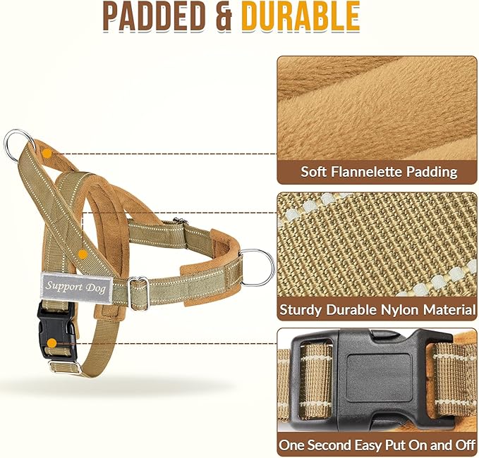 SlowTon No Pull Dog Harness - Heavy Duty Dog Harness and Leash Set for Medium Large Dogs, Reflective Tactical Harness with Soft Padded and Front Clip for Easy Walk and Training (Tan L)