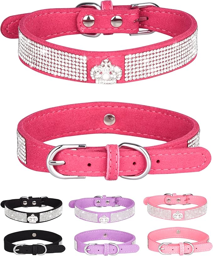 Dog Collar for Small Dogs, Adjustable Leather Suede Bling Dog Collars，Pink Dog Collar Cat Collar, Rhinestone Dog Collar (M, Rose red3)