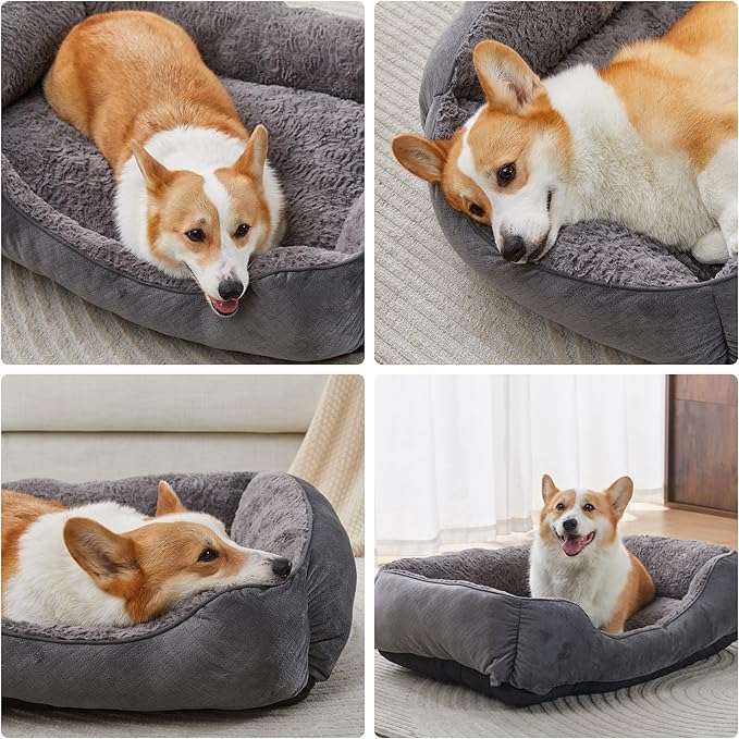 Dog Bed for Medium Large Dogs Washable, Super Soft Rectangle Dog Beds Medium Large Size, Warming Durable Pet Bed with Anti-Slip Bottom, Anti-Anxiety, Grey, 30 x 24 x 9inch