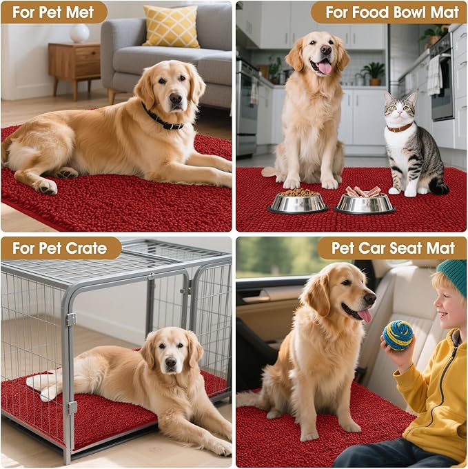 IM HOME Dog Door Mats for Muddy Paws, 30" X 20" Christmas Chenille Absorbent Doormat, Non Slip Heavy Dog Rugs for Muddy Paws, Soft Indoor Door Mat for Entryway, Mud Paw, Inside Floor, Red