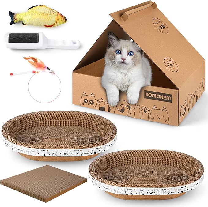 4PCS 2 Corrugated Cat Scratcher Lounge Bowl,1 Scratching Pad Cardboard with House,1 Brush, Oval Cat Bed for 2 Cats, Scratch Board for Cats, Cute Round Cat Lounger Scratcher for Furniture Protection