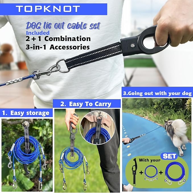 TOPKNOT 2 Pack Dog Tie Out Cable(up to150 lbs),30 ft Dog Leads for Yard Heavy Duty,with 4 ft Leash and Versatile Handle