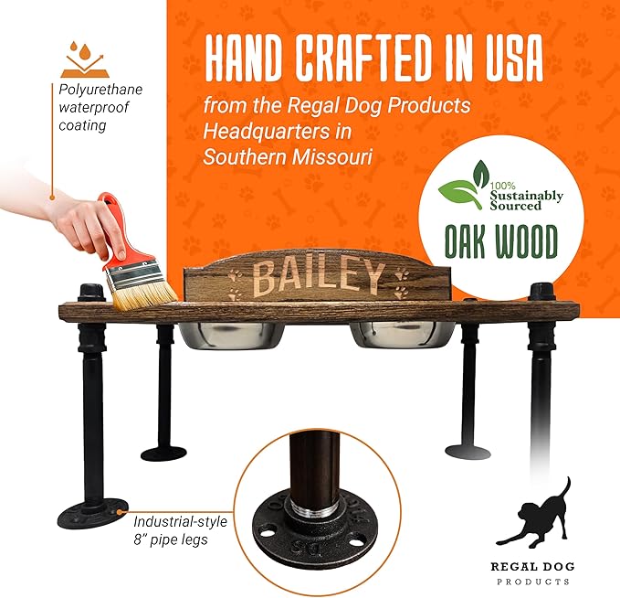 Elevated Dog Bowl Stand with Stainless Steel Bowls | Raised Dog Feeder | Oak Wood with Industrial Pipe Legs | Waterproof Finish | Handmade in USA (No Backsplash)