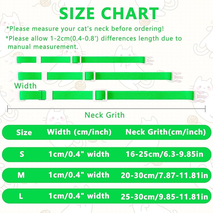 Elastic Cat Collar, Stretch Cat Collar Quick Release, Bright Colors Safety Kitten Collar Adjustable Collar for Kittens, Lightweight Soft Polyester Collars for Boy Girl Cats (Neon Green,L)
