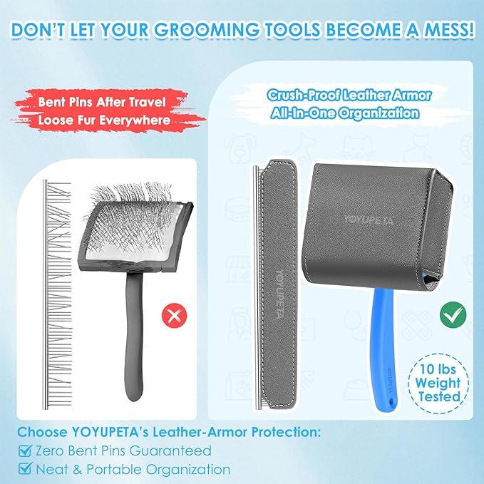 Large Long Pin Slicker Brush & Comb for Poodles, Goldendoodles & Cockapoos, Long Hair Dogs & Cats, Detangler Brush for Shedding & Matted Fur, Ergonomic Wooden Handle, Leather Sleeves. Blue