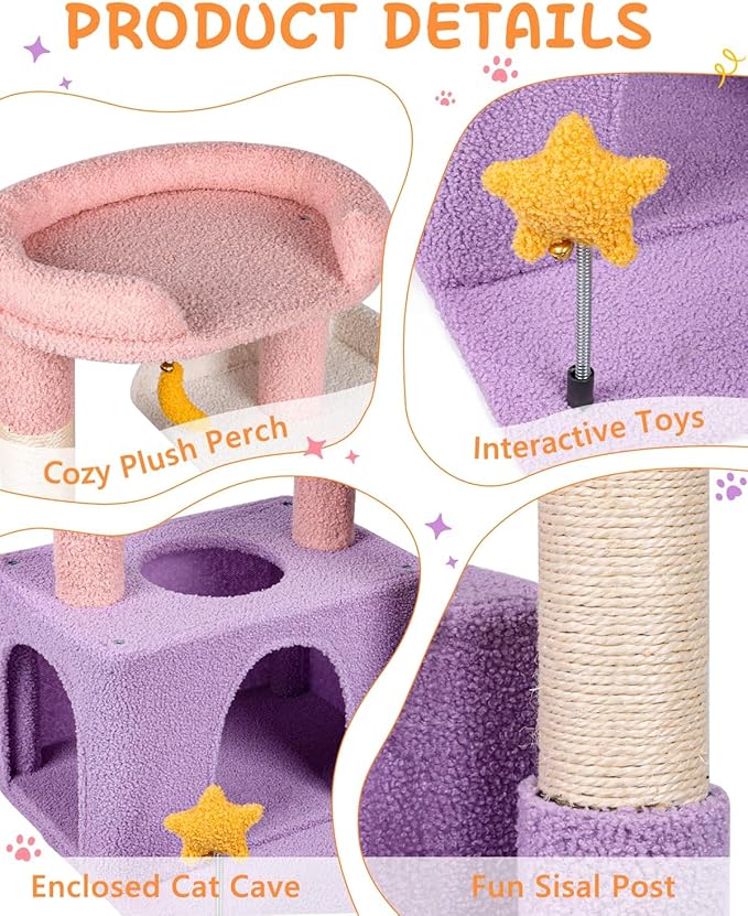 32" Cute Cat Tower for Indoor Kittens with Cat Condo, Plush Platform, Hammock, Sisal Scratching Posts, Dangling Ball, Tall Cat Tree Tower with Self-Grooming Brush (Moonlit Violet)