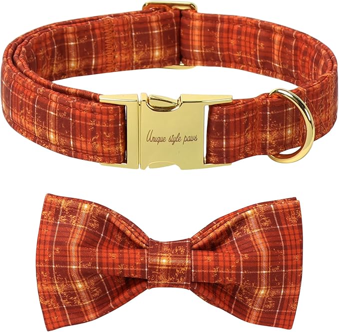 Unique style paws Cotton Dog Collar with Bow Autumn Puppy Collar with Halloween Orange Brown Grid for Small Medium Large Boys Girls Dogs