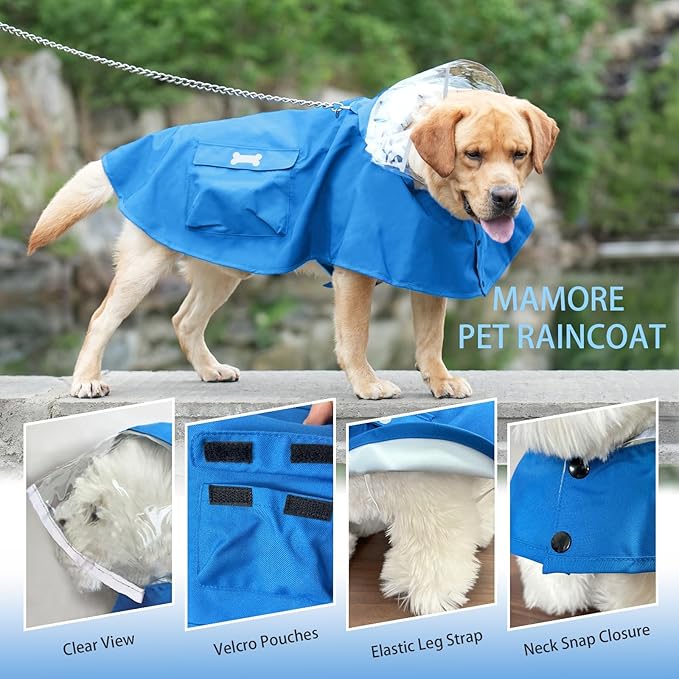 Dog Raincoat Waterproof, Adjustable Reflective Hooded Dog Rain Poncho with Leash Hole for Small Medium Large Dogs (Blue, Small)