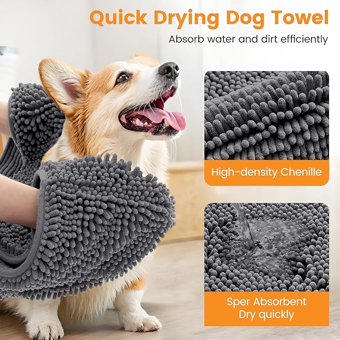 Smiry Chenille Dog Drying Towel, Extra Absorbent Bath Towel for Mud Dogs, Ultra Soft Quick Dry Pet Wash Mitt for Bathing, Grooming and Post-Walk Cleaning (31x13 Inches, Dark Grey)