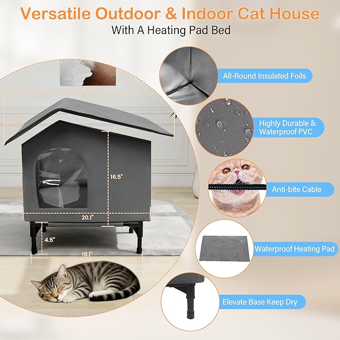 Weatherproof Heated Cat House - Outdoor Cat House with Heating Pad Bed,Insulated Cat House Elevated Outdoor Feral Cats Shelter with Soft Mat for Outside/Indoor Cats (Heat Gray)