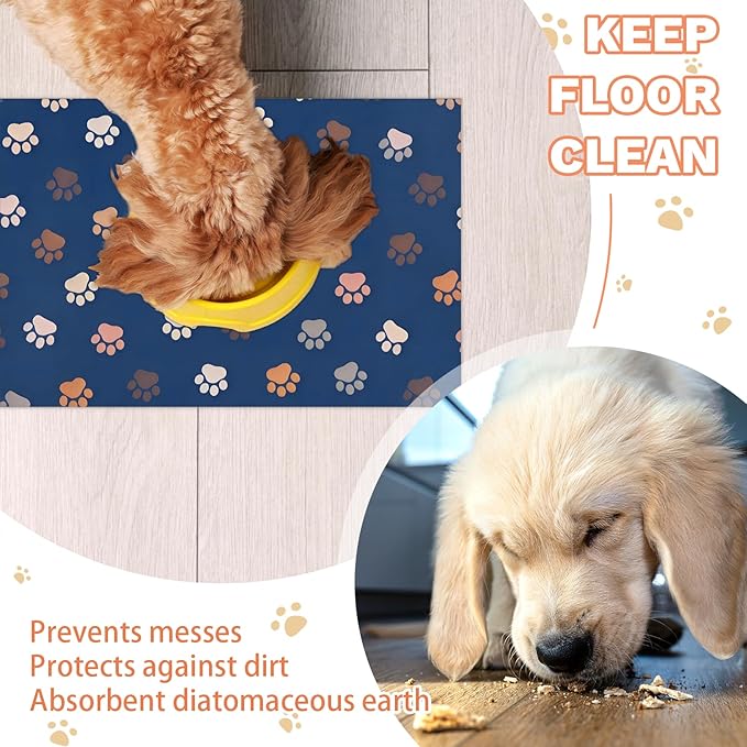 Blue Pet Fooding Mat - Absorbent Dog Cat Feeding Mat for Food and Water Bowl, No Stains Quick Dry Cat Placemat with Waterproof Rubber Backing, Pet Supplies for Messy Drinkers (12 X 20)
