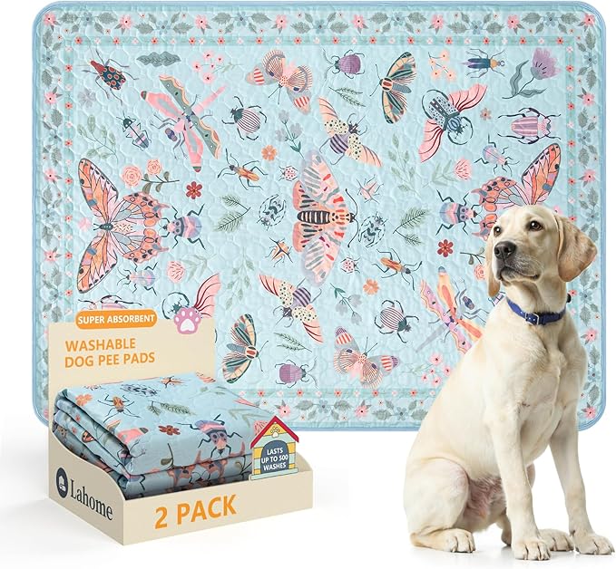 Lahome Washable Reusable Pee Pads for Dogs - Blue Butterfly & Insect Print 2 Pack Puppy Pads, Super Absorbent & Waterproof Training Mats for Crate & Floor - Leakproof with Non-Slip Backing (36"x48")