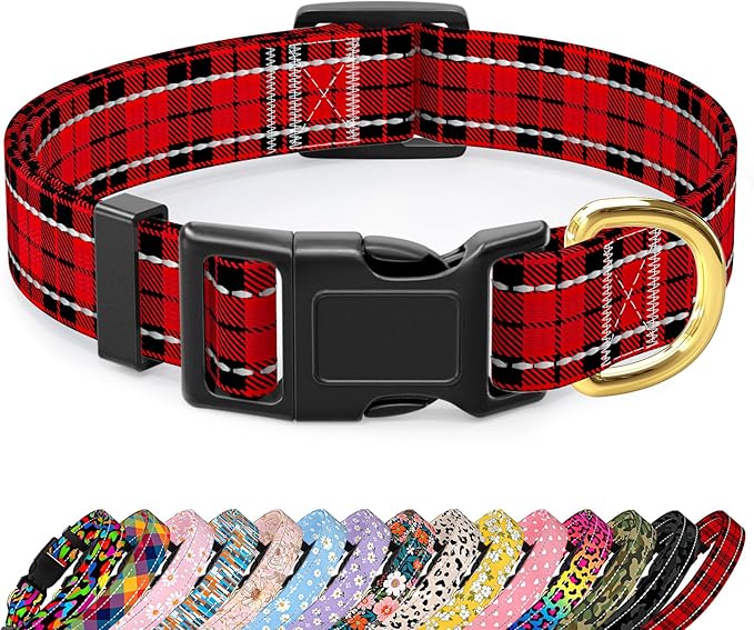 Reflective Dog Collar for Large Dogs, Cute Boho Adjustable Heavy-Duty Nylon Puppy Collar for Boy and Girl Female, Soft Pet Accessories with Quick Release Buckle, Black Red Tartan