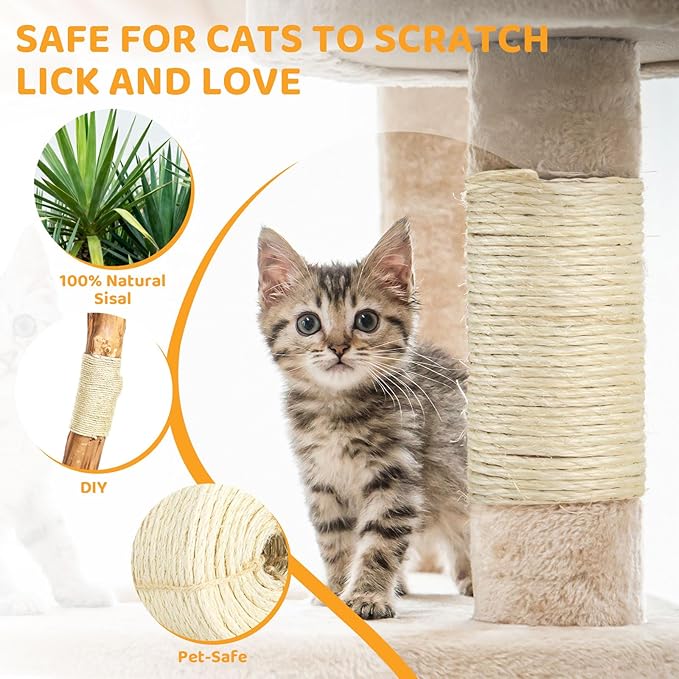 Natural Sisal Rope for Cat Scratcher Tree Thick 5-mm 1/5 Inch by 150 Feet, Cat Tower Climbing Twine for Cat Scratching Post Replacement, Scratch Post Repairing, Replace, Recovering and DIY, White