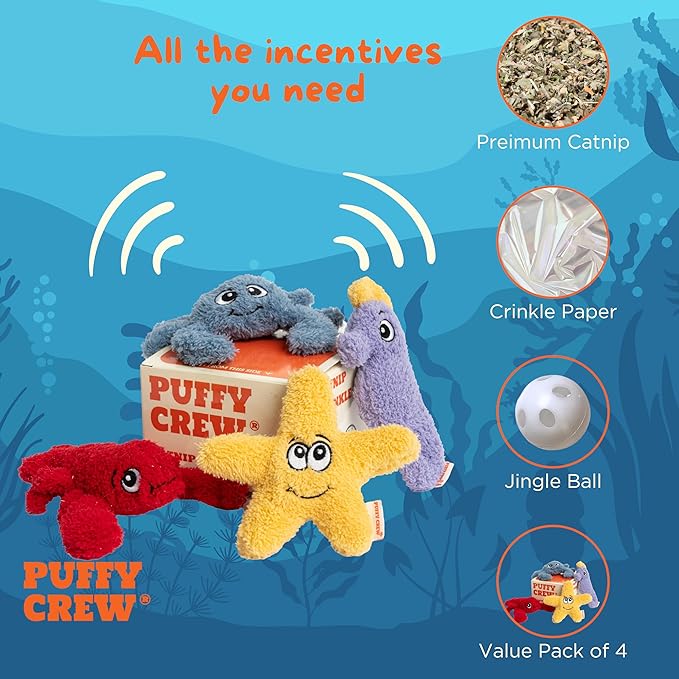 Puffy Crew 4 Pack Interactive Catnip Cat Plush Toy, Ocean Theme Set, 5'', for All Breed Size Cats (4 in 1)