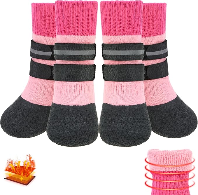 KOOLTAIL Anti Slip Winter Dog Socks to Prevent Licking Paws, Waterproof Snow Rain Long Dog Boots&Paw Protector, Warm Grippy Booties Reflective Double Straps for Hardwood Floor, Small Medium Large Dogs