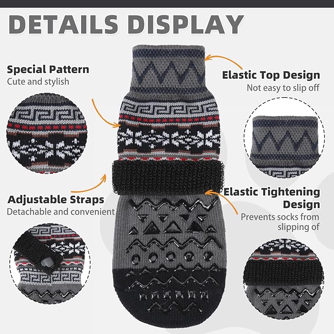 KOOLTAIL Dog Socks to Prevent Licking Paws for Hardwood Floors Anti Slip, Winter Warm Pet Boots&Paw Protector with Grippers, Double Sides Dog Shoes Booties for Small Medium Large Senior Dogs Grey XL
