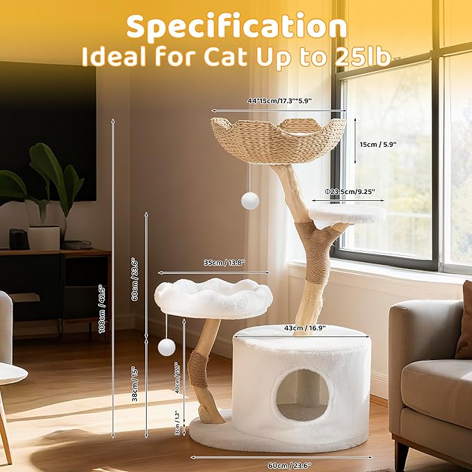 COSIEST 42.5" Tall Modern Cat Tree Tower for Indoor Cats, Cat Scratching Posts with Hand Woven Baskets, Balls & MGO Trunks, Rattan Cat Tree with Condo, Cat Furniture for Multi-Cat Households, White