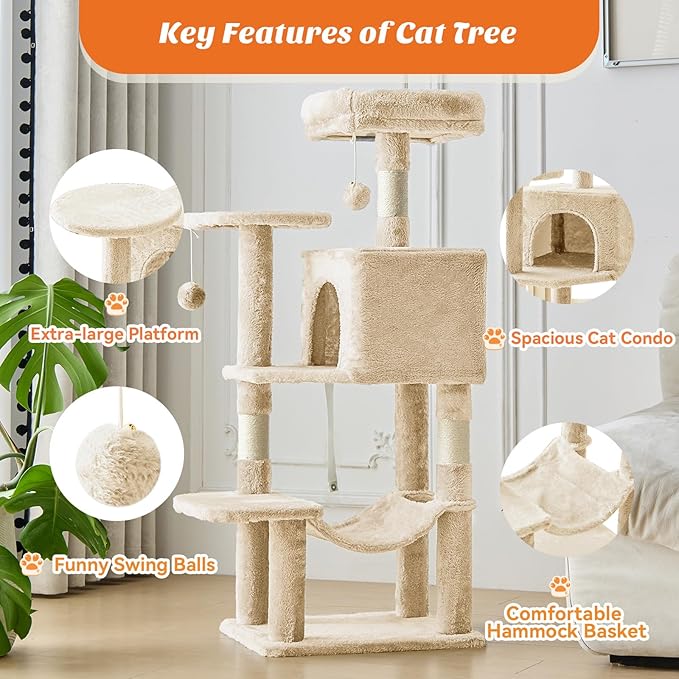 Sweetcrispy 44 inch Cat Tree Tower, Small Cat Climbing Tower with Condo, Natural Sisal Scratching Posts, Extended Platform, Hammock, Pet House for Indoor Cats and Kittens Play, Beige