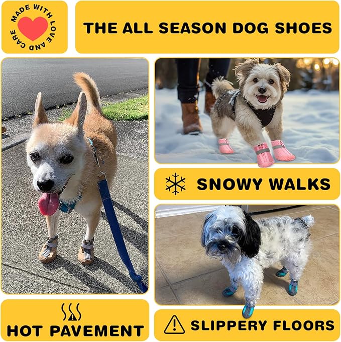 Dog Shoes for Small Dogs, Dog Boots & Paw Protectors for Hot Pavement Winter Snow Hiking, Anti-Slip Dog Booties for Hardwood Floor Pink Size 3